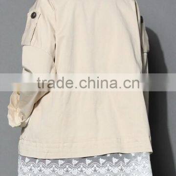 Beige Color Concealed Zip Button Closured Front Women Short Plus Size Coat With Lace photo-3