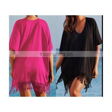 hot sale tassel loose blouse cover up short sleeve deep v neck beach bikini cover summer fashion dress women