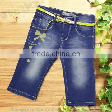 Cute design cotton children jeans bermuda for girl with belt