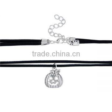 Velvet Suede Double Layer Halloween Choker Necklace Antique Silver Black Pumpkin 33.5cm Long photo-2