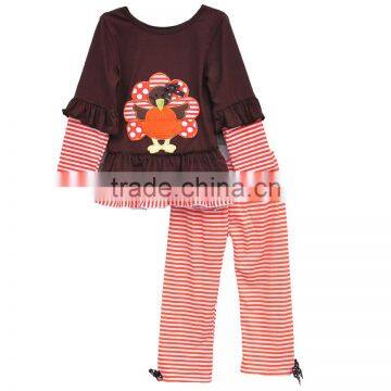 children boutique clothing 2016 fall girls thanksgiving outfit turkey embroidery top and stripe pants girls sets