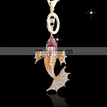 Promotional animal fish shape Plush Crystal Golden plated custom Metal Rhinestone Key chain for handbag MCA-0003