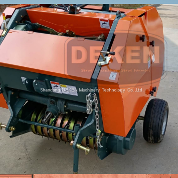 Round baler working on the farm with tractors