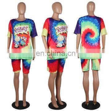 Wholesale Women Tie Dye and Printing 2 Two Piece Bodycon Outfit T Shirt and Short Sets photo-4