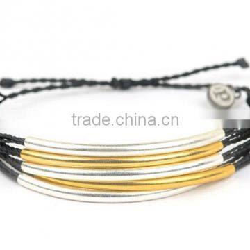 2015 new black string rope knot bracelet gold plated metal tube bracelet