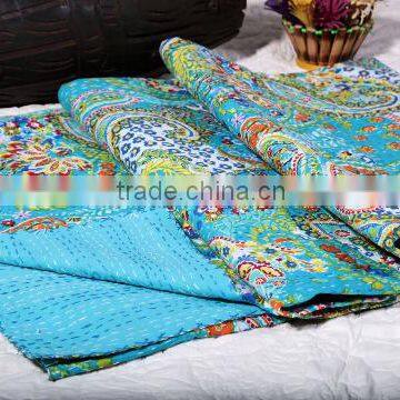 Handmade Kantha Quilt Indian Cotton Kantha Bedspread Bedding Quilt Ralli Gudri Coverlet Paisley Reversible Quilt Blanket