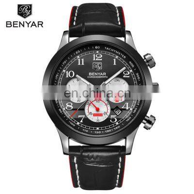 BENYAR BY-5107M Trendy Men's Chronograph Auto Date Quartz Leather Wrist Watch Hot Sale Cool Watches For Men