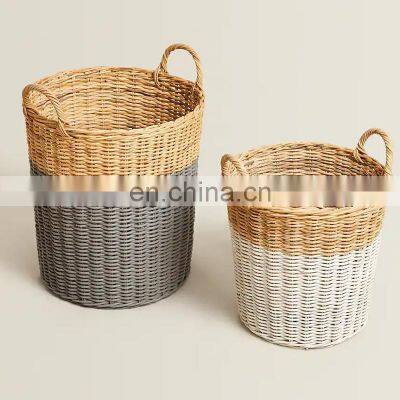 Set Round Woven coloured rattan basket with handles Storage Basket Decorative Rattan Baskets Handwoven Wholesale