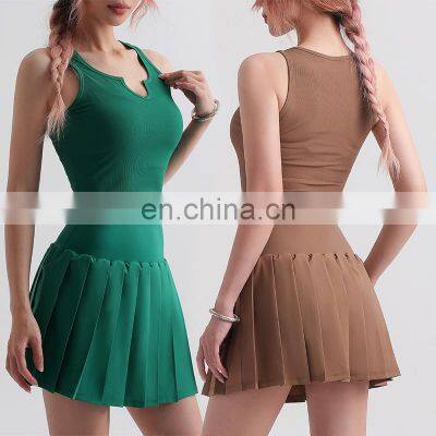 Hot Selling Ribbed Crop Top Match Mini Pleated Skirt Tennis Sports Suit Set Dance Running Tracksuit For Women Gym Fitness Wear