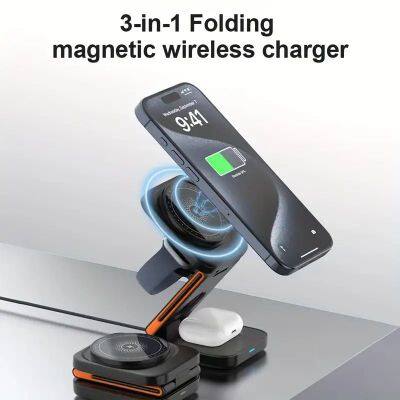 3 in 1 Wireless Charger Magnetic Stand Black Portable Foldable Wireless Charging Station for IPhone 12-15 Pro Max