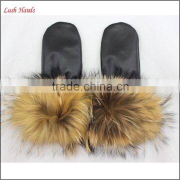 ladies winter sheepskin genuine leather mittens with long fur