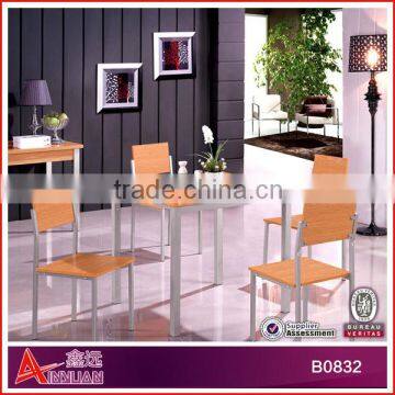 B0832 Hot sales wooden dining table and chair with iron cast legs/melamine dining table and chair set