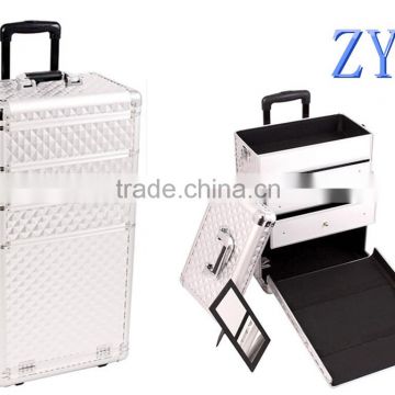 large multi layered shinning aluminum makeup trolley case