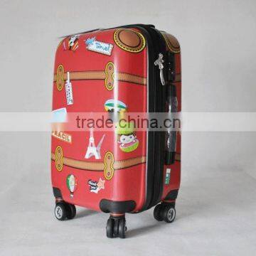 Print luggage with spinner wheels