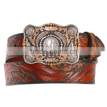 Cowboys 'Cowhide Leather Fancy buckle Belt Dancing Feather Leather Western Belt