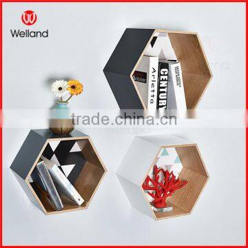 Papaer Laminated Hexagon Wall Mounted Organizer Storage Home Decoration Display Wood Shelf 3-Pieces