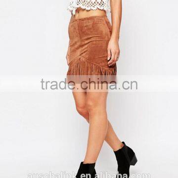High Rise Nice Design Women Slim Fit Fringe Brown Suede Skirt photo-3