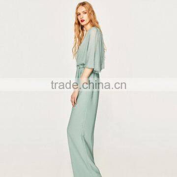 HAODUOYI Light Green Patchwork Women Jumpsuit V-neck Half Sleeve Sashes Elegant Culottes Perspective Lady Jumpsuit for Wholesale photo-5