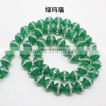 High grade natural green agate stone strand with crystal rhinestone paving crystal natural stone beads for diy jewelry