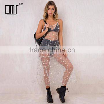 Overall embroidery transparent mesh dress sexy girls' sheer beach wear