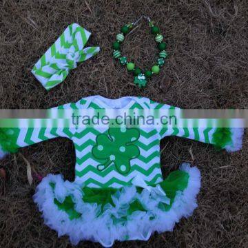 2015 new st patrick day shamrock clover green baby romper tutu romper dress with matching necklace and headband set