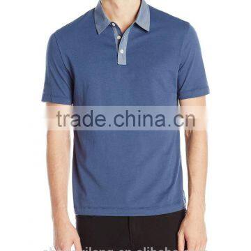 Original PIMA Cotton Chambray Woven Collar and Placket Polo Shirts for Men photo-2