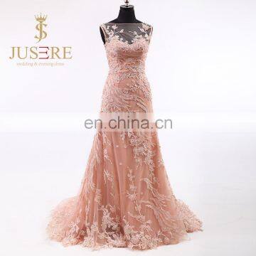 Newest Fashion Lace Appliqued Beaded Pink Tulle Evening Dresses 2016 Boat Sheer Back Mermaid Prom Dresses