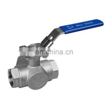 1/2'' 3 way ball valve flow patterns L Port with Mounting Pad 1000PSI NPT Stainless steel (304) Ball Valve ISO-5211