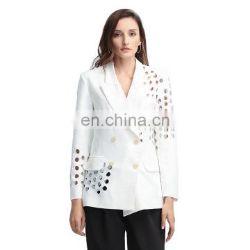 TWOTWINSTYLE Blazer For Women Notched Collar Long Sleeve Hollow Out Asymmetric casual