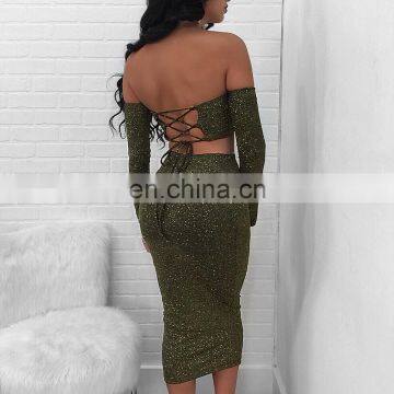 Shiny Party Sexy Dress Women Hollow Out Strapless Tie-up Fashion Dress Fashion Long Sleeve Pleated Dresses Slim Set photo-4