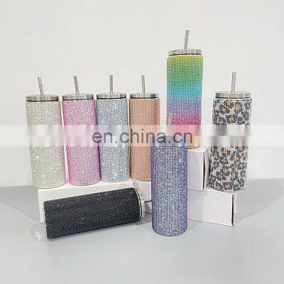 BPA Free Insulated Stainless Steel 20Oz Straight Rhinestone Bling Skinny Tumbler Cups With Lid And Straw For Coffee Water