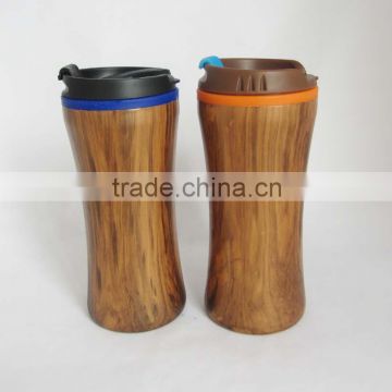 Plastic inner stainless steel outer wooden grain printing mug