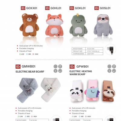 Various electric Heated Products including hand warmer, cushion, pad, eyecover, toy, scarf, hug bottle, socks with TUV certified
