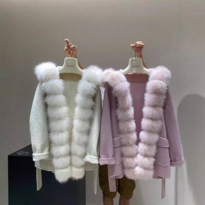 Lingqi Heijin Manteau en fourrure de renard, manteau en laine double face pour femme avec capuche, manteau-cape en laine, longueur moyenne