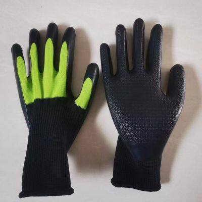 black&cyan polyester 13 gauge knitted physical pressed black latex palm coated work gloves