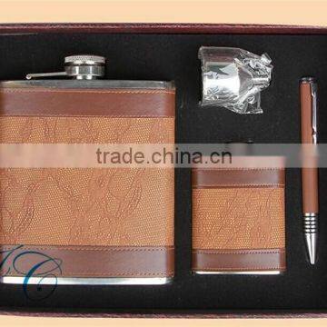 Brown leather hip suits with 2pcs hip flask 1pcs funnel 1pcs ball pen, flagon four sets