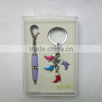 Different lacquered color mini ballpoint pen with keychain and boots keychain packed in gift box