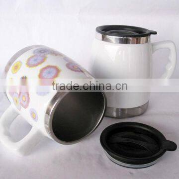 16 OZ Double wall Wide ceramic Coffee Mug with stainless steel inner & lid, Spill free, Non slip