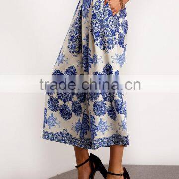 China Wholesale Beautiful Blue Floral Print Fun Culottes Pants For Women