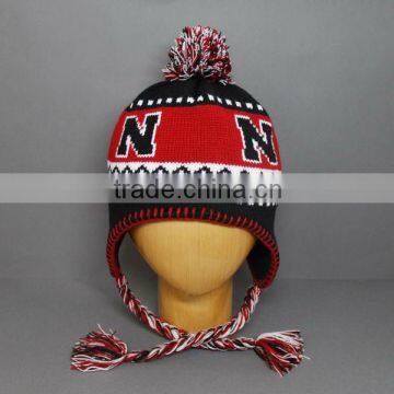 POMPOM KNITTED JACQUARD EARFLAP HAT/WINTER HAT/100%ACRYLIC EARFLAP HAT