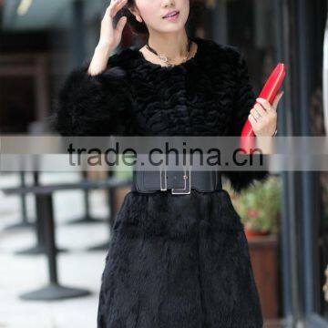 Long Women's 100% Real Rabbit Fur Coat With Fox Fur Cuff photo-3