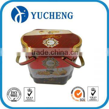 high quality special shape food grade food package tin box with handles