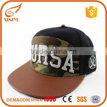 Custom 3D embroidered leather flat brim caps cheap snapback hats wholesale