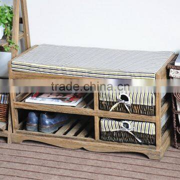 solid wood soft cushion storage shoes racks with woven basket