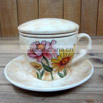 Wholesale handpaint daisy ceramic tea cup set with cover