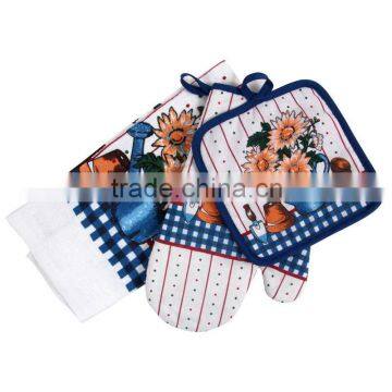 silk screen pigment printing 3 pcs cotton kitchen set kitchen textile wholesale oven mitten & pot holder