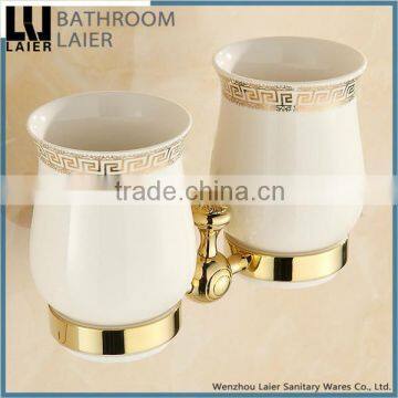 Simple Multi-Purpose Brass And Stone Gold Finishing Bathroom Accessories Wall Mounted Double Tumbler Holder