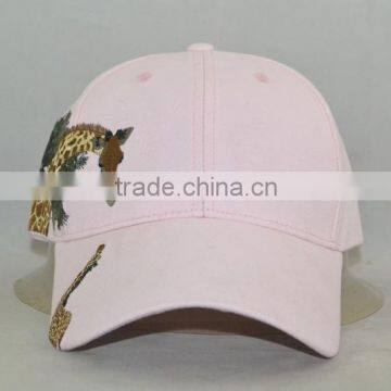 Guangzhou hat factory professional custom 6 panel / 100% cotton/pink/giraffe embroidery logo/baseball cap