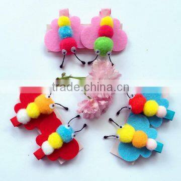 New premium colorful polyester barrette felt hair clip in three pompon bees pattern for newborn toddler hair accessories set