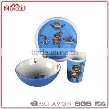 Food grade chiildren safe hot selling unbreakable pirate printing melamine children set, plastic kids dinnerware set